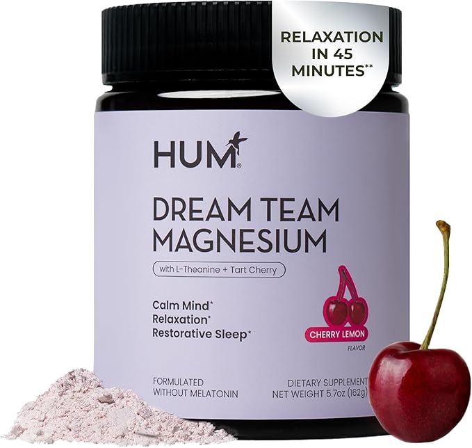 Hum Nutrition Dream Team Magnesium Bisglycinate Powder L Theanine &amp Tart Cherry Magnesium Supplement Drink Mix Support Rest Relaxation &amp Sleep Routine Gluten Free Vegan Cherry Lemon 30