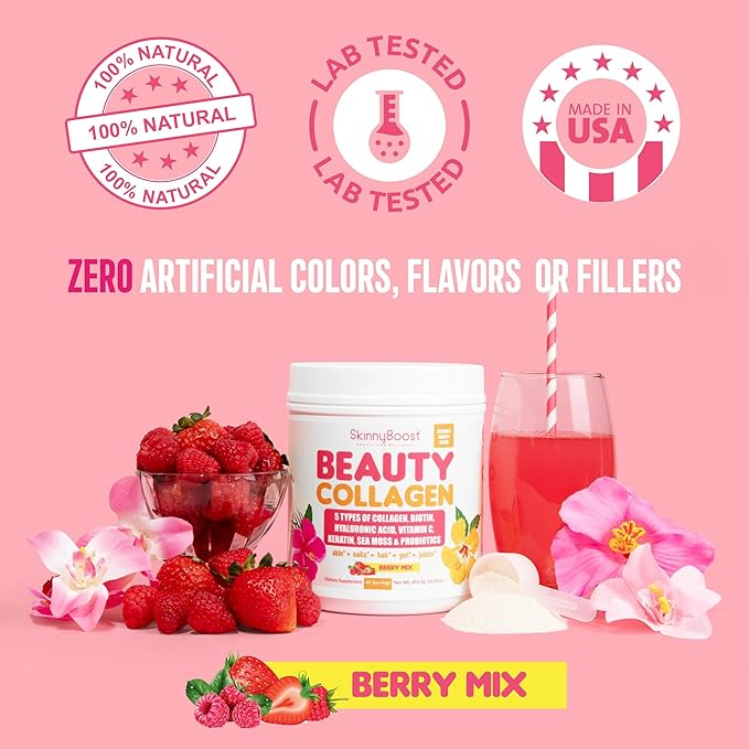 Beauty Collagen Powder-5 Types of Hydrolyzed Collagen Sea Moss Biotin Keratin Hyaluronic Acid Vitamin C and Probiotics–Hair Skin Nails- All Natural Made in USA-45 Servings- Mixed Berry
