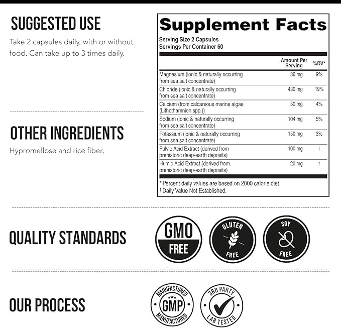 Ionic Lytes™ Electrolyte Mineral Complex with Ionic Sea Salt Fulvic &amp Humic Acid - Supports Hydration Electrolyte &amp Mineral Balance &amp Muscle Function (120 Capsules) - Soy-Free Gluten-Fr