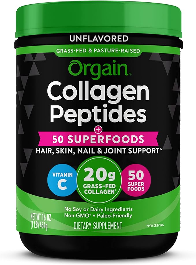 Orgain Hydrolyzed Collagen Powder + 50 Organic Superfoods For Women &amp Men 20g Grass Fed Collagen with Vitamin C Unflavored - Hair Skin Nail &amp Joint Support Supplement Non-GMO Type I &am