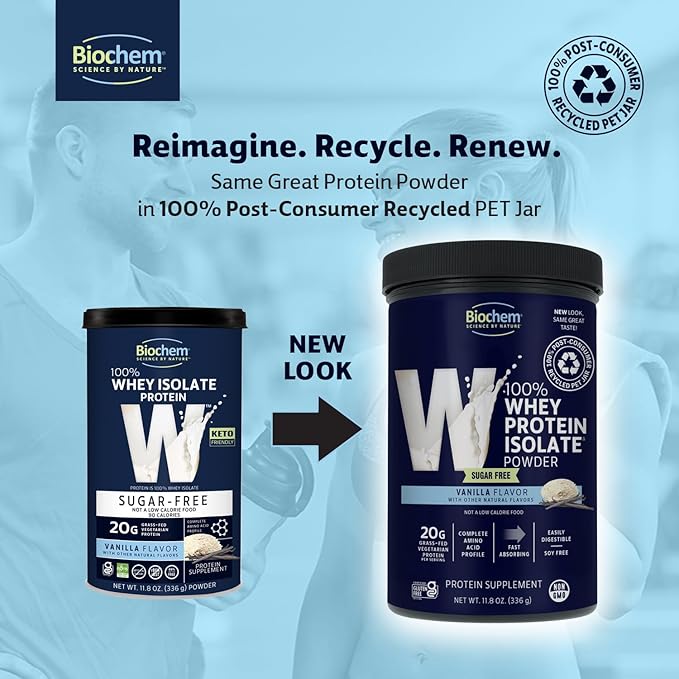 Biochem 100% Whey Sugar-Free Vanilla 20g 11.8oz Certified Vegetarian Gluten Free Non-GMO Tested Keto Friendly Grass-Fed