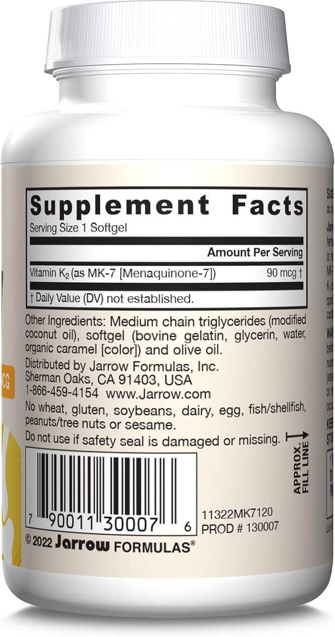 Jarrow Formulas MK-7 90mcg-Bioactive Form of VIT K2-120 Servings(Softgels)-for Bone &amp CV Health-VIT K2 MK-7 Dietary Supp-K2 VIT Supp MK-7-Gluten Free12 Pack
