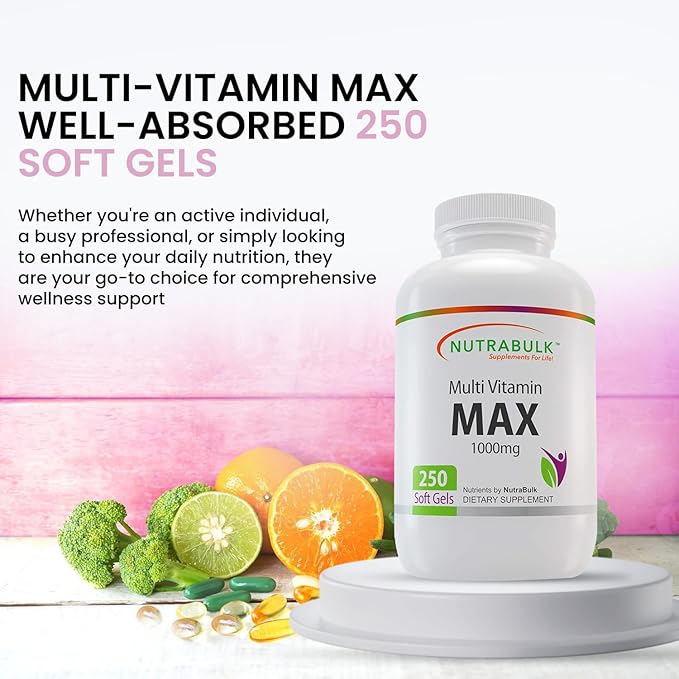 NutraBulk Multi-Vitamin MAX Well Absorbed Soft Gels - Potentially Supports Overall Wellbeing &amp Immune Boosts Energy &amp Metabolism - Complete Daily Nutrition- 1000mg 250 Soft Gels
