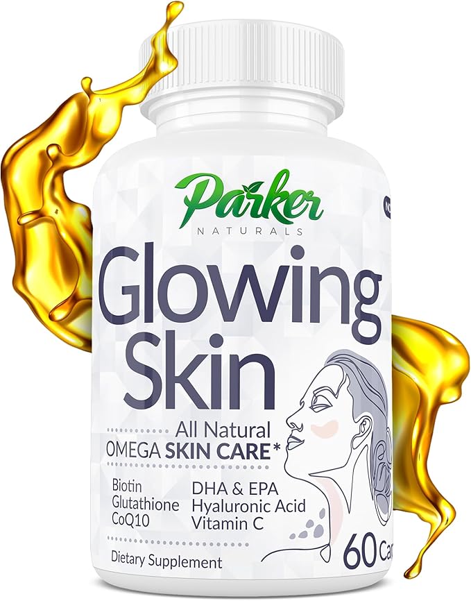 Parker Naturals Glowing Skin Supplement - Biotin Glutathione Hyaluronic Acid DHA/EPA Omega 3 Fish Oil CoQ10 Vitamin C All Natural Skin Care Supplement 60 Caps