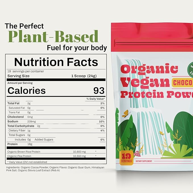 Sacred Lotus Vegan Protein Powder | Organic Chocolate Plant-Based Protein | Brown Rice &amp Pea Protein Blend | No Dairy Soy or Added Sugar | 18g Protein Per Serving | 19 Servings |15.4 oz