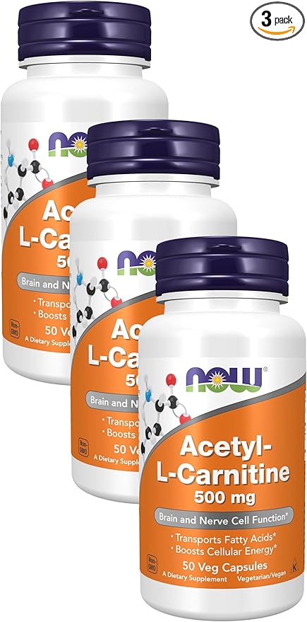 NOW Supplements Acetyl-L Carnitine 500 mg Amino Acid Brain and Nerve Cell Function* 50 Veg Capsules (Pack of 3)