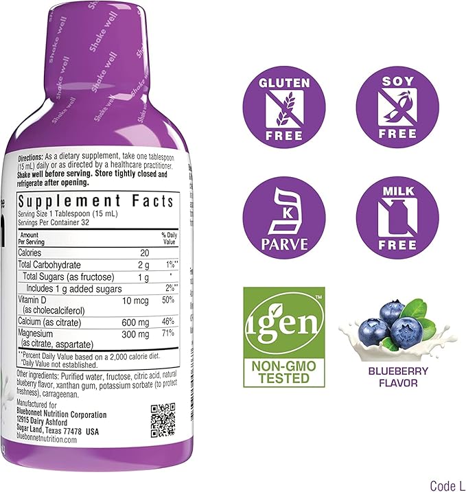 Bluebonnet Nutrition Liquid Calcium Citrate Magnesium Citrate Vitamin D3 Bone Health - Bundle of Orange Blueberry Lemon and Strawberry Flavor 4 Bottle of 16 Fl Oz Each (64 Fl Oz Total)