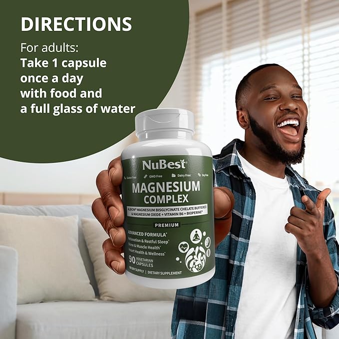 Magnesium Glycinate Chelate Complex with Albion Magnesium Bisglycinate Chelate Vitamin B6 &amp BioPerine for Bone Muscle Natural Sleep Nerve Function Brain Booster | 3 Months Supply