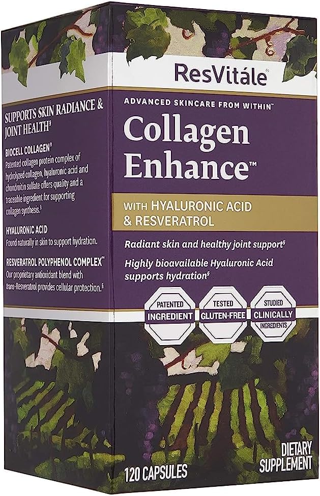 ResVitále Collagen Enhance - Beauty Supplement with Hyaluronic Acid &amp Resveratrol - 60 Capsules