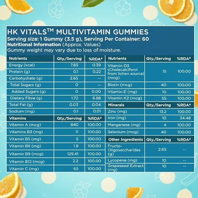 HK Multivitamin Gummies(Orange 60 Days Pack) | for Men &amp Women | Boosts Energy &amp Immunity Supports Joint Health | 60 Gummies