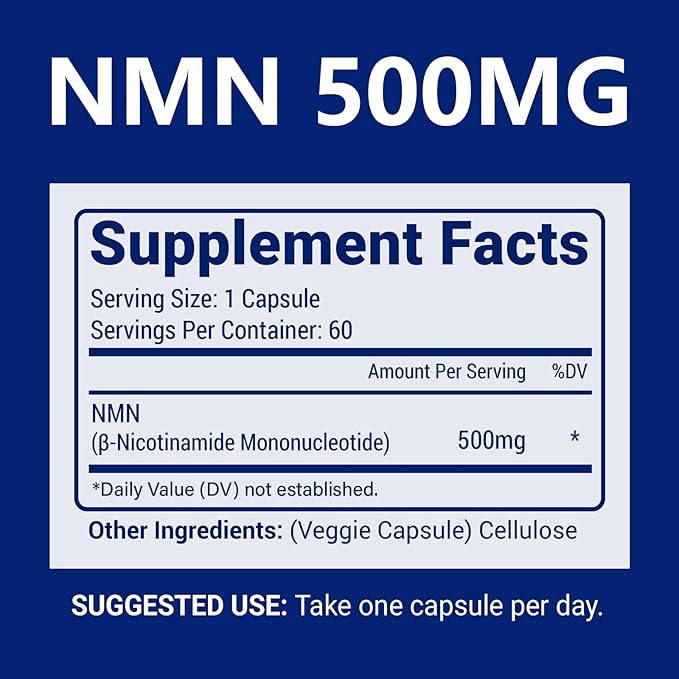 NMN 500mg Per Serving Maximum Strength - 99% Pure NMN (Nicotinamide Mononucleotide) for NAD Cell Immune Energy Anti-Aging &amp Longevity Stabilized NMN Supplements 500mg - 60 Veggie Capsules