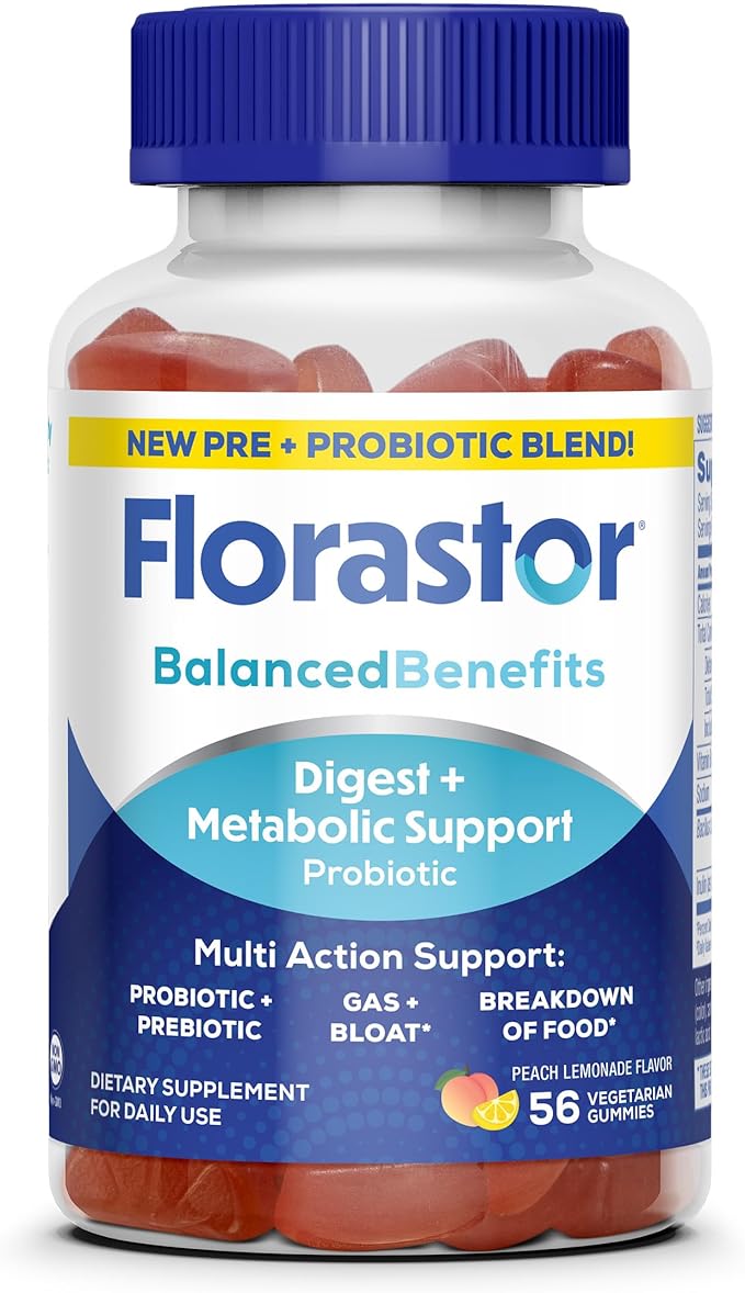 Florastor Prebiotic and Probiotic Gummies Digestive and Metabolic Support Probiotic Blend for Multi-Action Digestive Health Care with Vitamin B12 56 Gummies