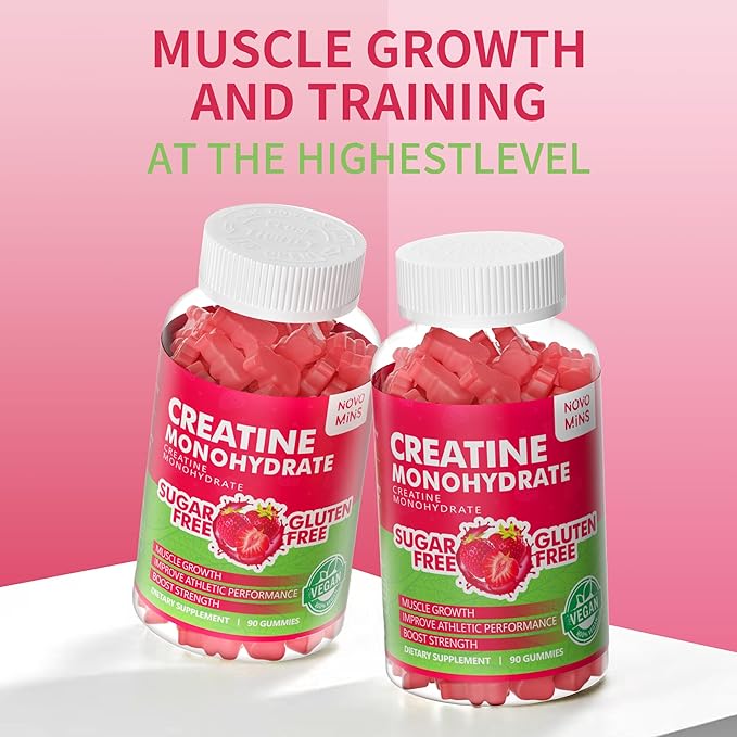 Novomins Creatine Monohydrate Gummies 5000mg for Men &amp Women Chewables Creatine Monohydrate for Muscle Strength Muscle Builder Energy Boost Pre-Workout Supplement(90 Count)-Strawberry Flavor