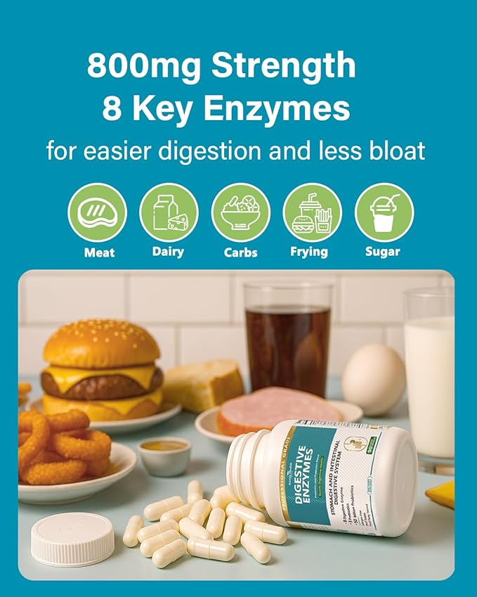 800mg Digestive Enzymes for Men and Women with Probiotics &amp Prebiotics 8 Key Enzymes Protease Amylase &amp Lipase | 270 Capsules - A 90-Day Supply for Bloating &amp Gas Relief - Non-GMO