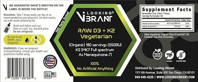 Vitamin D3 + K2 (MK-7) Liquid Drops with MCT Oil &amp Olive Oil - Vegetarian Non-GMO Soy-Free Gluten-Free Alcohol-Free 1 Bottle 2 Fl Oz (60 ml) - 180 Servings (2500 IU per Serving)