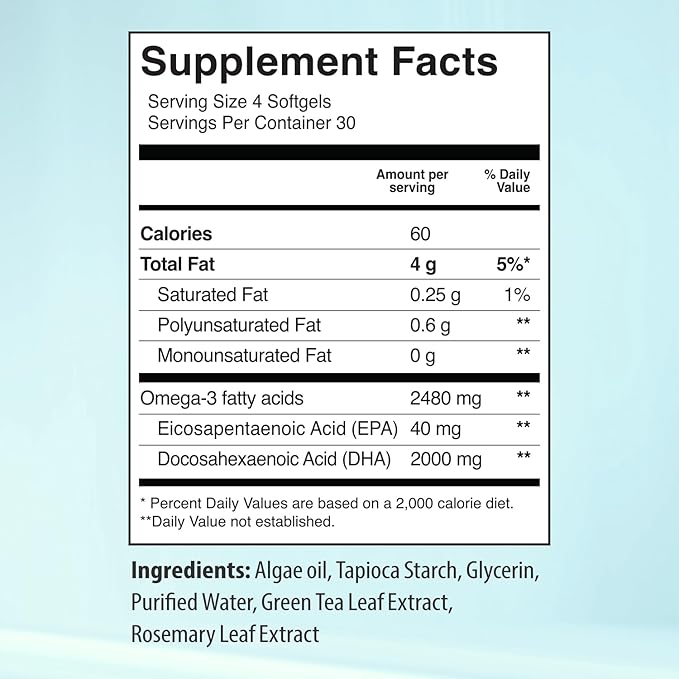 Ultimate Strength Plant Based Omega 3 Supplements Organic EPA and DHA Omega 3 Fatty Acid Supplements from Algae Oil No Fishy Aftertaste 120 Softgels