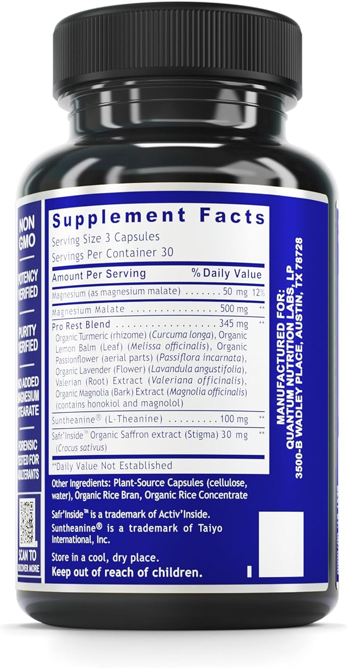 Quantum Nutrition Labs Quantum Relax and Slumber - Sleep Supplement with Magnesium Malate &amp L-Theanine Natural Calm Complex with Lemon Balm &amp Valerian Root for Women &amp Men - 90 Capsules