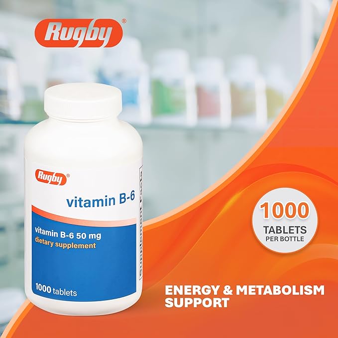 Rugby Vitamin B6 50 mg Tablets Gluten-Free Dietary Supplement for Adults No Preservatives or Additives - 1000 Count (1 Pack)