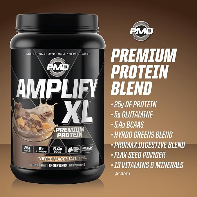 PMD Sports Amplify XL Premium Whey Protein Supplement Hydro Greens Blend - Glutamine and Whey Protein Matrix with Superfood for Muscle Strength and Recovery - Toffee Macchiato (24 Servings)