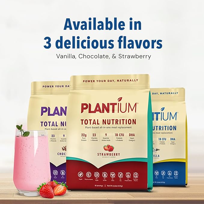 Plantium Total Nutrition Premium All-in-One Meal Replacement Shake Plant-Based Protein Powder with Vitamins Minerals &amp Probiotics 22g Protein per Serving Vanilla