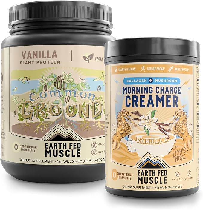 Earth Fed Muscle Plant-Powered Performance Bundle – Common Ground Vegan Vanilla Protein + Morning Charge Coffee Creamer with Collagen &amp Lion’s Mane – Clean Energy Focus &amp Recovery – 2-Pack