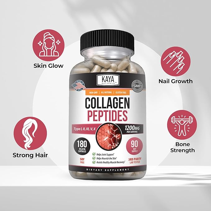 Kaya Naturals Multi Collagen Peptides Complex Powder for Women and Men Types I II III V &amp X | 180 Count Capsules