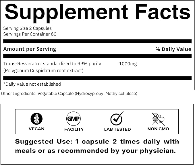 Ultra High Purity Resveratrol Capsules - 99% Trans-Resveratrol - Japanese Knotweed Extract - Support Immunity Support Healthy Aging - 120 Caps Reservatrol Supplement