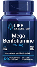 Life Extension Mega Benfotiamine 250 mg a fat-soluble form of thiamine healthy metabolism ultra-bioavailable vitamin B1 high potency gluten-free non-GMO vegetarian 120 capsules
