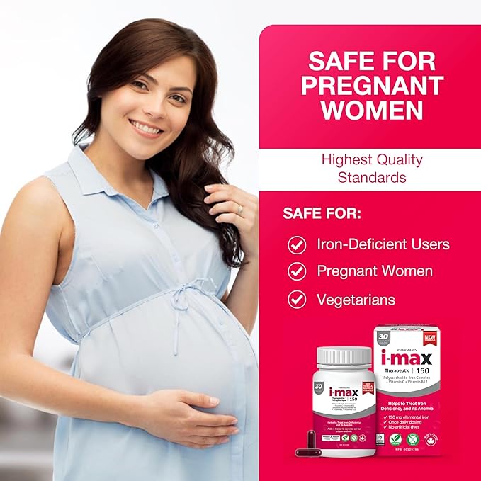 i-max Iron Supplement 150 mg Vitamin C 250 mg &amp B12 1000 mcg Iron Supplement for Women &amp Men No Artificial Dyes Vegan Once Daily 30 Capsules