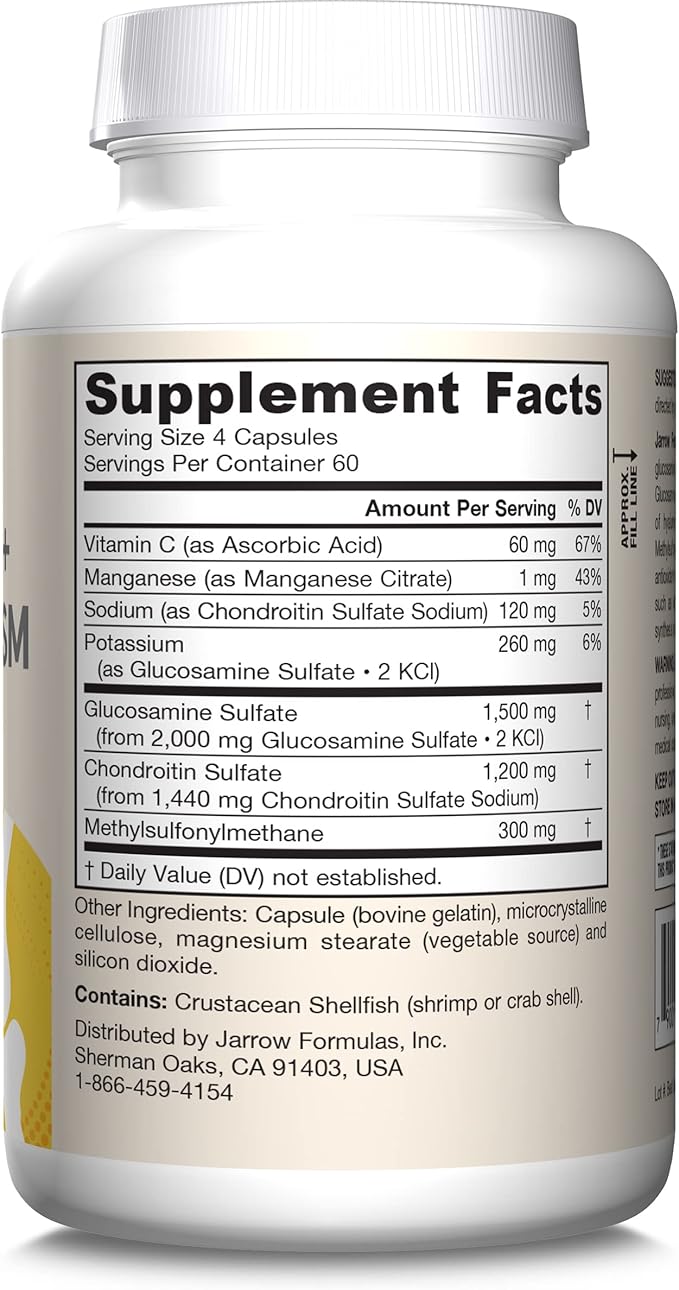 Jarrow Formulas Glucosamine Chondroitin and MSM Capsules Joint Support Supplement with Vitamin C and Manganese Bone &amp Joint Health 240 Capsules 60 Day Supply