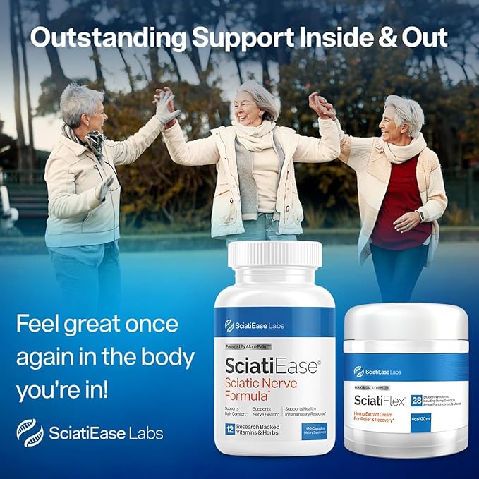 SciatiEase Sciatic Nerve Support Supplement Sciati Ease and SciatiFlex Bundle with Alpha Palm and Maximum Strength Sciatic Cream with Hemp and Arnica Extract
