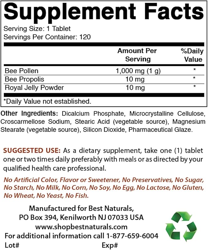 Best Naturals Bee Pollen Complex 1000 mg &amp Magnesium Glycinate 425 mg