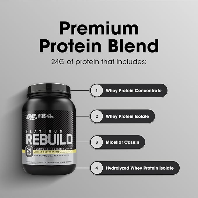 Optimum Nutrition Platinum Rebuild Premium Platinum Blend Protein Powder with Creatine Vanilla Buttercream 20 Servings