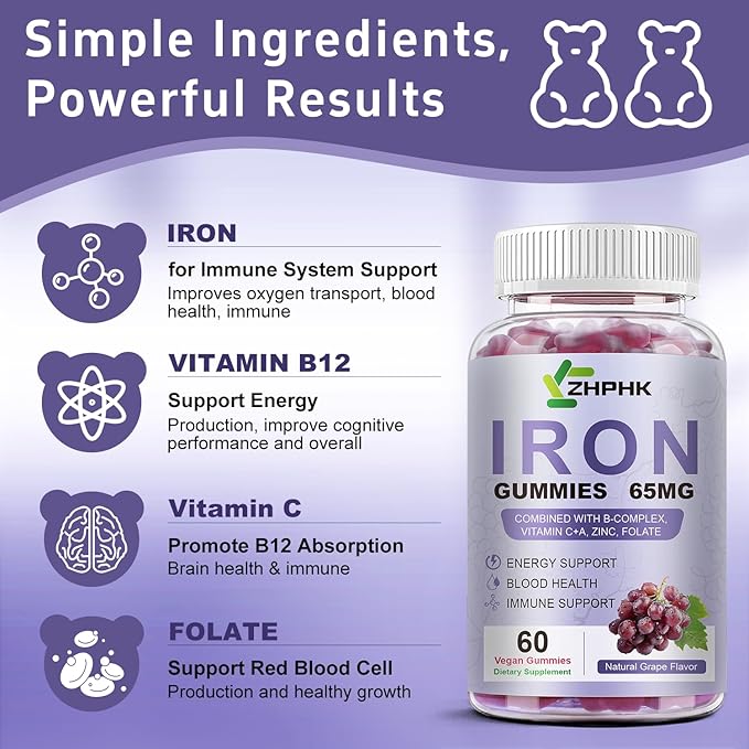 Vegan Iron Supplement 65mg Iron Gummies for Women and Men with Vitamin C 250mg Vitamin A B-Complex Biotin Zinc &amp Folate Folate for Energy Boost Immune Health 120 Count