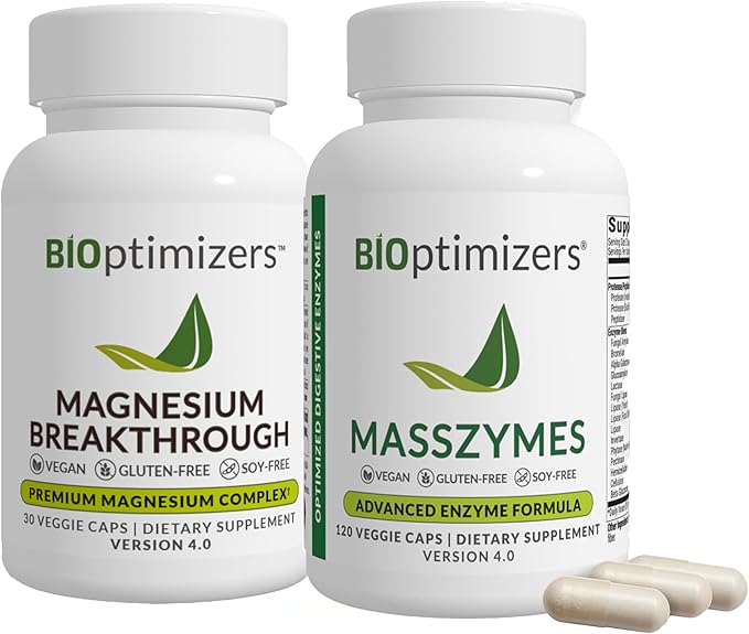 BiOptimizers Magnesium Breakthrough 4.0 (30 Capsules) &amp MassZymes 4.0 (120 Capsules) - Natural Sleep Brain and Digestive Health Support Supplement Bundle