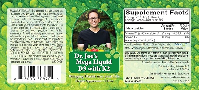 Dr. Joe's Mega Liquid D3 with K2-1000 IU per Drop - Vitamin D3 25mcg Vitamin K2 10mcg