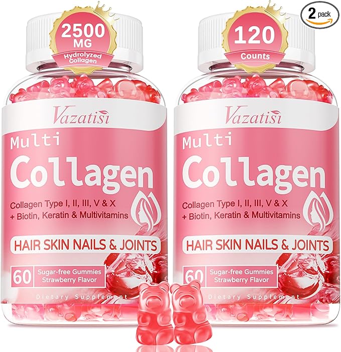 2 Pack Sugar Free Collagen Gummies for Women &amp Men | Hydrolyzed Collagen Peptides for Hair Skin &amp Nails | MultiCollagen Protein Type I II III V X with Biotin &amp Vitamin C | Strawberry Flavo