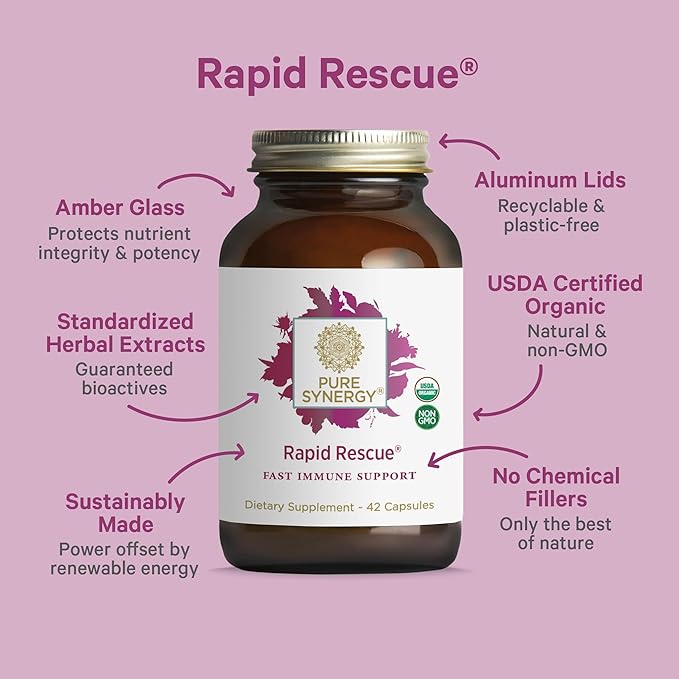 PURE SYNERGY Rapid Rescue | Organic Immune Support Capsules | Herbal Supplement with Echinacea Elderberry and Olive Leaf Extracts | for Immediate Immune Support (42 Capsules)