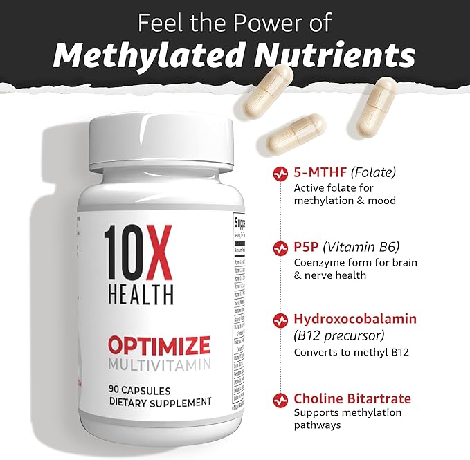 10X Health Optimize Daily Methylated Multivitamin &amp Calm Bundle - Multinutrient Capsules L Theanine &amp GABA Liquid