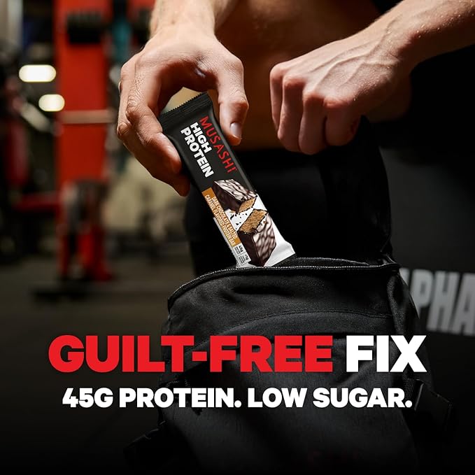 MUSASHI High Protein Bar 45g Protein &lt1g Total Sugars Dark Chocolate &amp Salted Caramel Post Workout and Protein Snack On The Go 12 Pack of 3.2oz (90g) Bars
