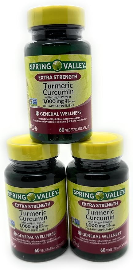 3 Bottles of Spring Valley Turmeric Curcumin W/Ginger Supplement 1000mg 60 Capsules Each Bottle. Plus Bonus 7 Day Pill Case.