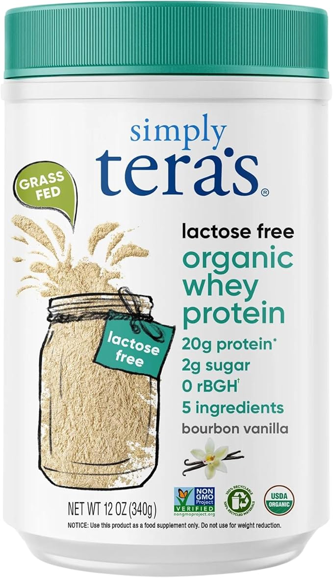 simply tera's Lactose Free Organic Whey Protein Powder - Lactose Free Vanilla 20g of Protein Per Serving Non-GMO Gluten-Free rBGH-Free Kosher - 12 Oz
