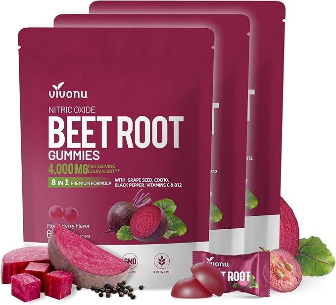VivoNu Beet Root Gummies 8-in-1 Premium Energy Supplement with CoQ10 Beetroot Extract Grape Seed Extract Black Pepper Extract Vitamins C &amp B12 L-Arginine &amp L-Citrulline