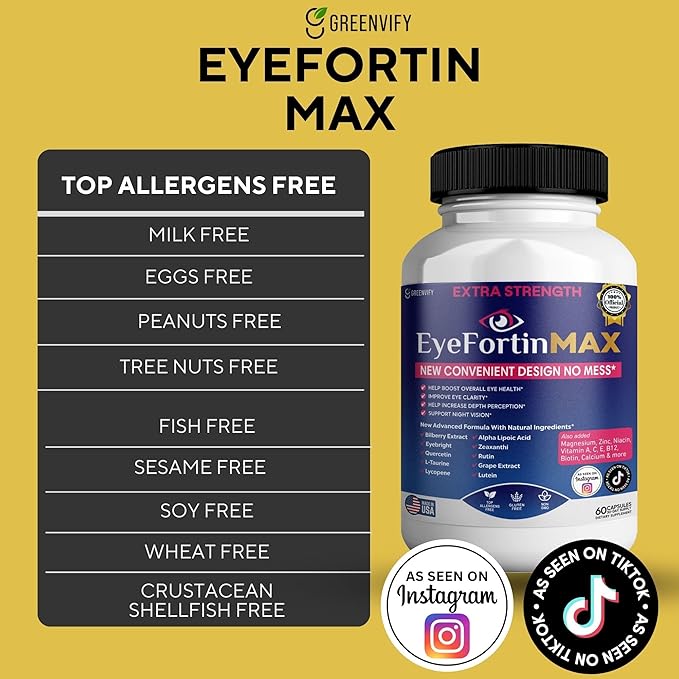 EyeFortin MAX Eye Health Supplement 60 Capsules Extra Strength with Lutein Vitamins A C E B12 Bilberry Extract 30 Day Supply (1)