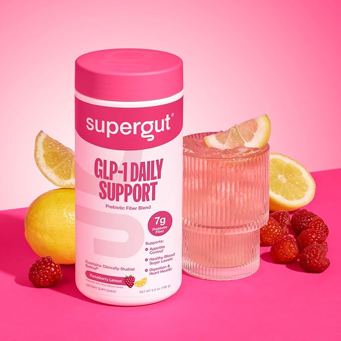 Supergut GLP1 Daily Support - Raspberry Lemon - High Fiber GLP-1 Supplement Powder for Women &amp Men - Sugar-Free Drink Mix for Gut Health &amp Digestive Support (18 Servings)
