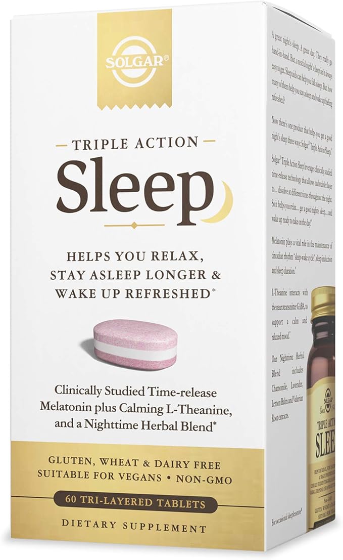 Solgar Triple Action Sleep 60 Tri-Layer Tablets - Time-Release Melatonin &amp L-Theanine Plus Herbal Blend - Helps You Relax Fall Asleep Fast &amp Stay Asleep Longer - Non-GMO Gluten Free - 60 Se