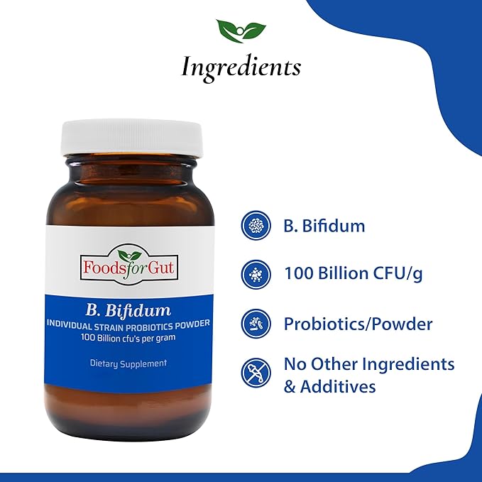Foods For Gut Bifidobacterium Bifidum Probiotic Powder 100 Billion cfu's | Made in USA | No Additives | Digestive &amp Immune Support | High Potency | B. Bifidum | 60 Grams (2.11 Oz)
