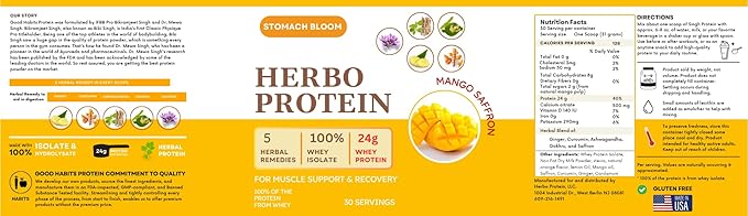 Herbo Protein 100% Whey Protein Isolate Naturally Hydrolized. 24g of Protein 2g of Sugar Low Carb Gluten Free 2.4 Pounds 30 Servings Mango - Saffron Flavor Protein Powder