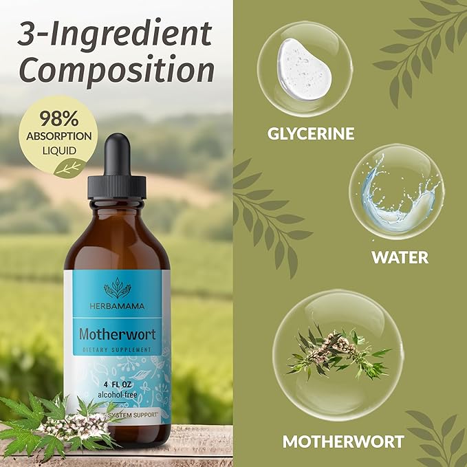 HERBAMAMA Motherwort and Ashwagandha Kit - Bundle of Liquid Motherwort Tincture 4 fl oz &amp Ashwagandha Gummies - Vegan Non-GMO Gelatin &amp Alcohol-Free - 2 Pack