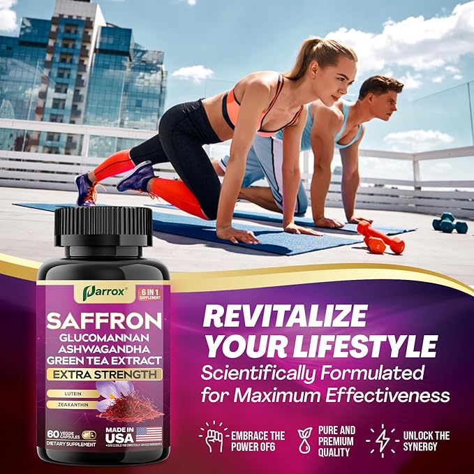 Saffron Supplement with Glucomannan Ashwagandha Green Tea Extract Zeaxanthin &amp Lutein Vision Support &amp Daily Wellness Formula Extra Strength Plant-Based Capsules 4 Month Supply (2 Pack)
